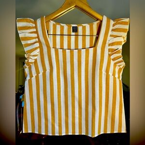 Summer Mustard Yellow&White Stripe Top. Square Neck Line w Ruffle Sleeve Small